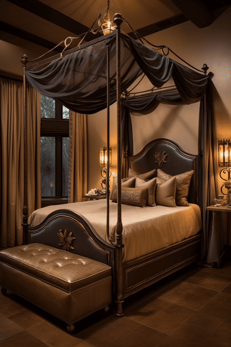 bedroom setting emphasizing a wrought iron canopy bed, representing the elegance of Tuscan metal craftsmanship
