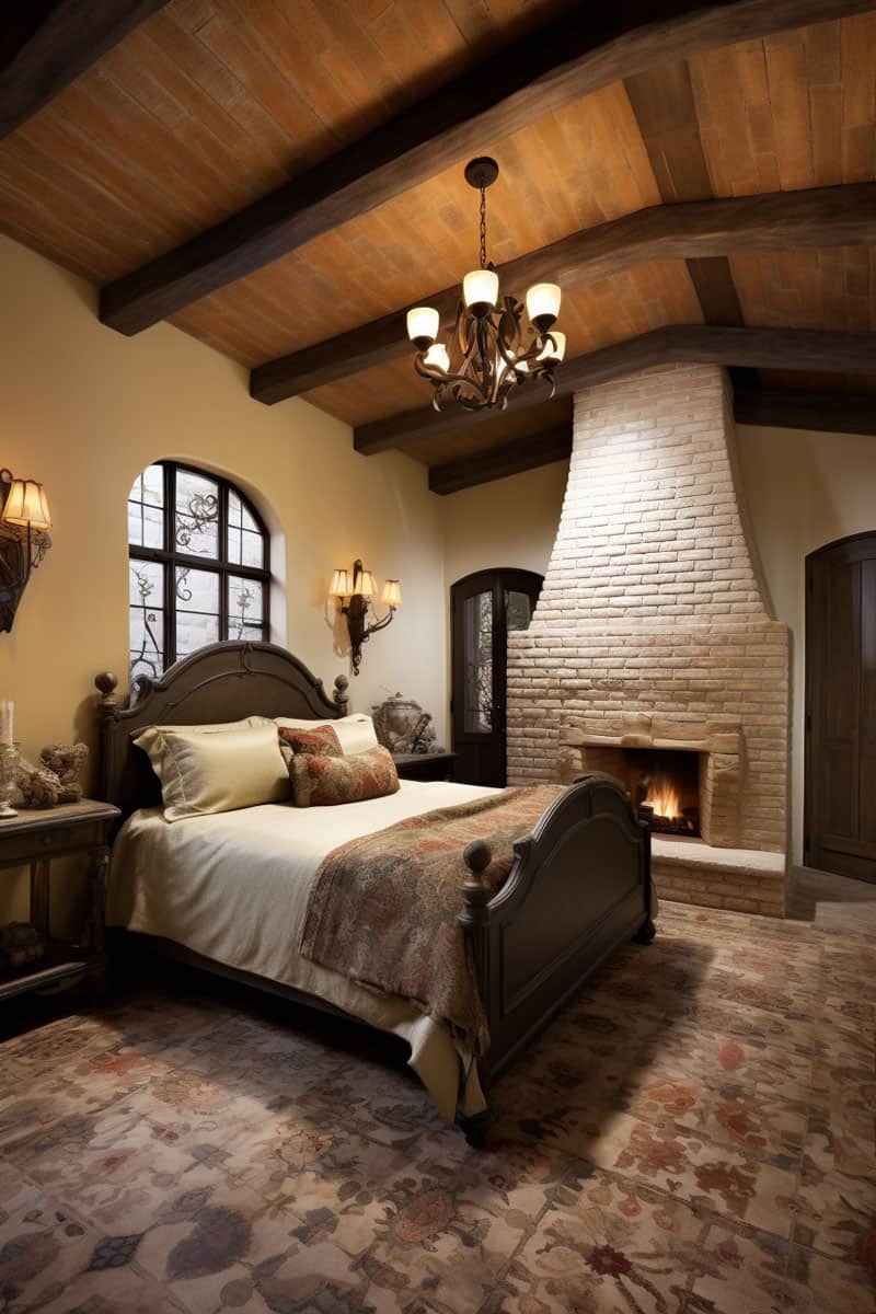 bedroom scene presenting a balanced design of stucco walls, mosaic accents, and rustic brick elements