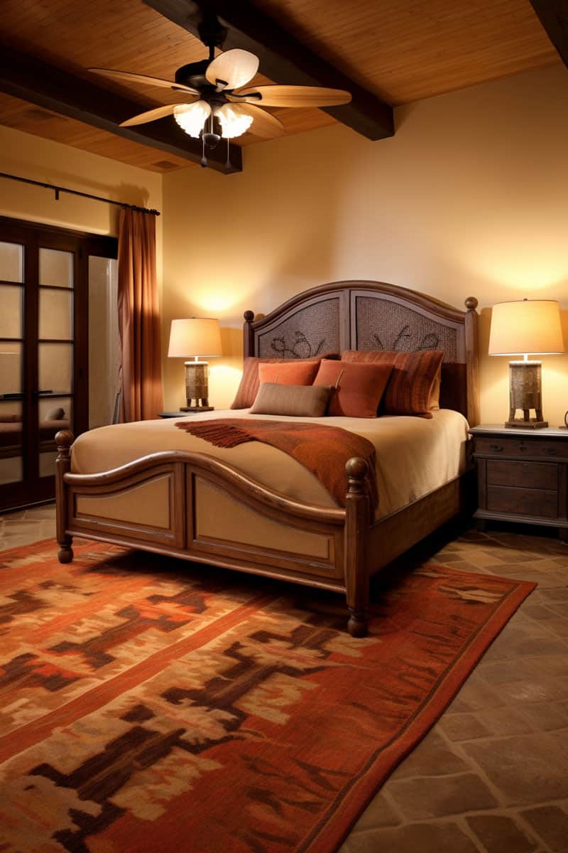 view of a Tuscan-inspired bedroom, where a vibrant rug with red, brown, and beige tones lies centrally, adding warmth and Mediterranean flair