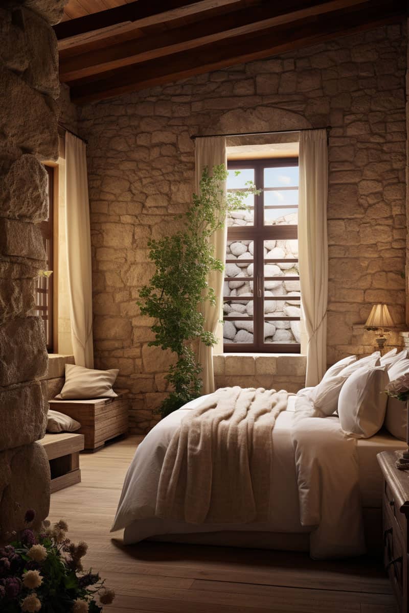 Mediterranean bedroom revealing stone walls bathed in a warm orange light, complemented by earth-toned bedding and rustic wood elementsMediterranean bedroom revealing stone walls bathed in a warm orange light, complemented by earth-toned bedding and rustic wood elements