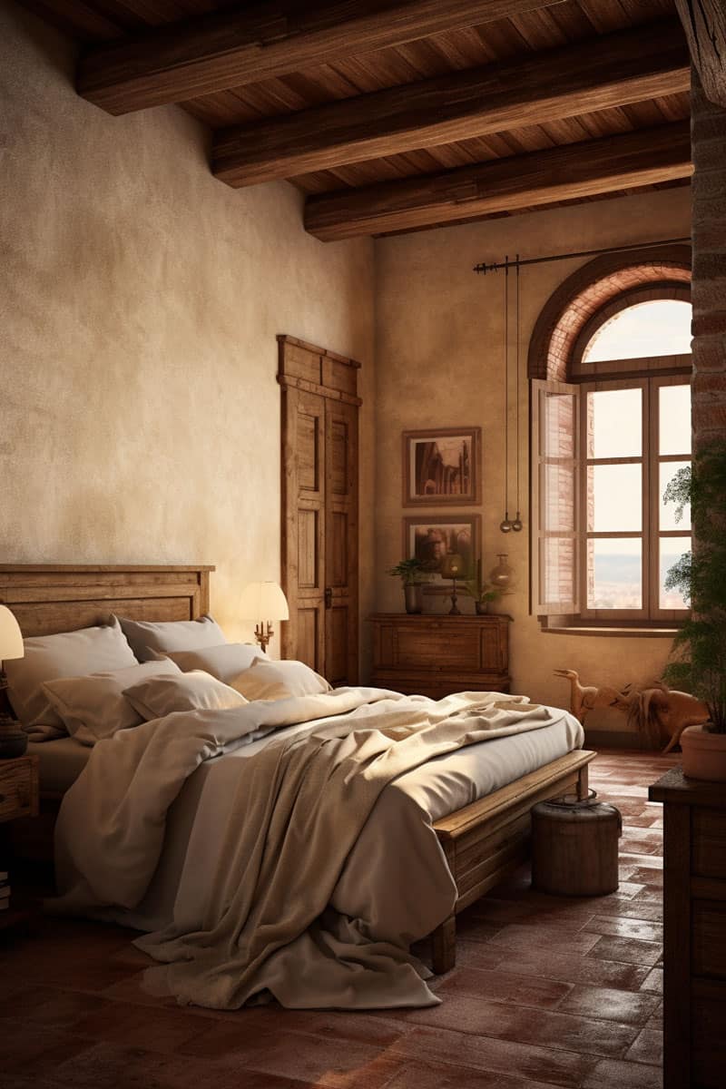 bedroom interior highlighting stucco and plaster walls juxtaposed against rustic brick and prominent wooden beams