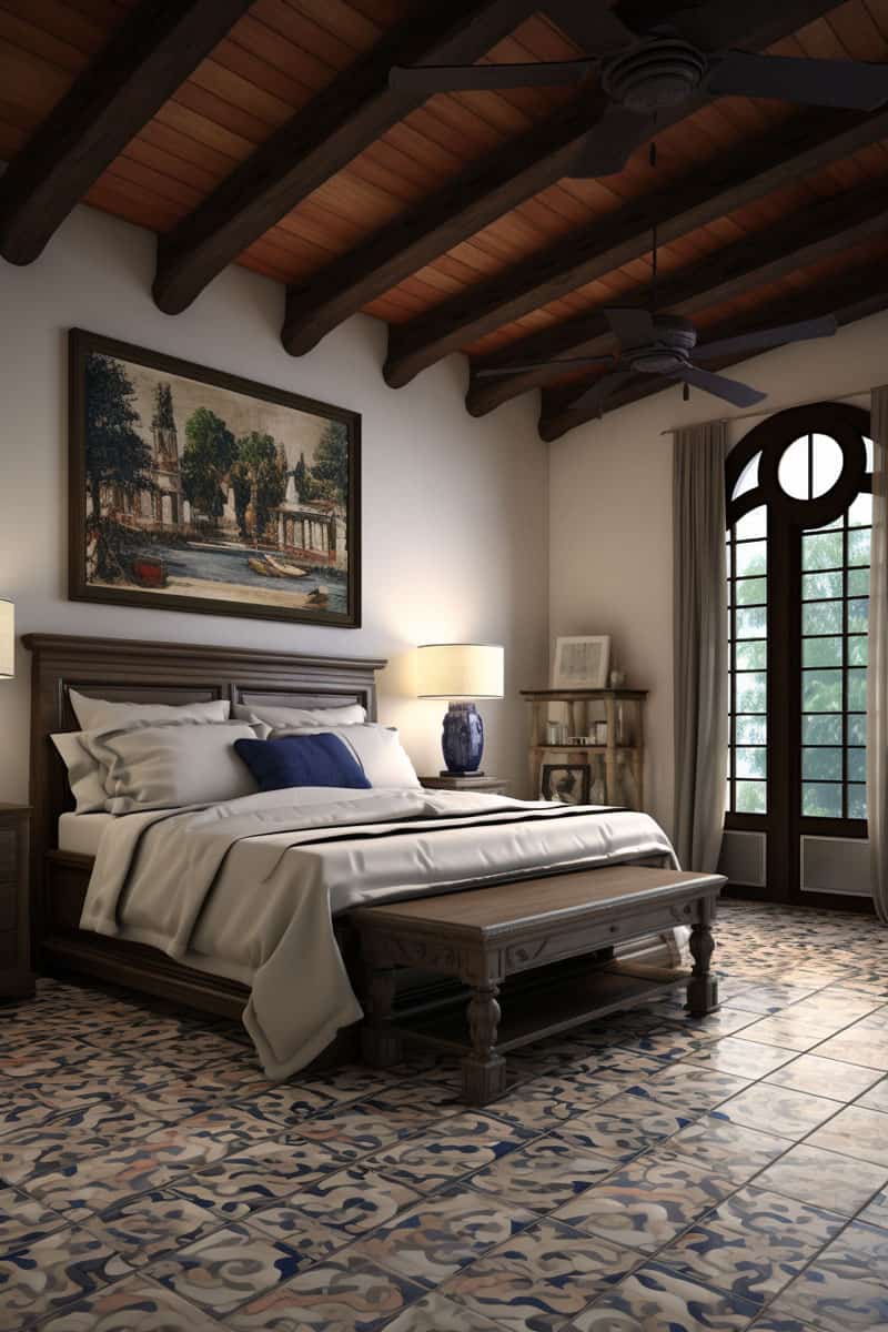 bedroom environment displaying an intricate mosaic tile design around a bed or nightstand, reminiscent of the Tuscan coastline