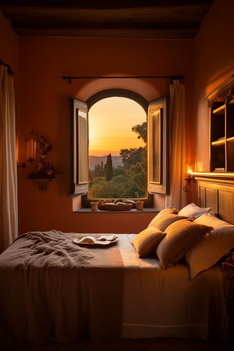 bedroom space with walls painted in a dusky brown hue tinged with orange, exuding warmth and traditional Tuscan ambiance