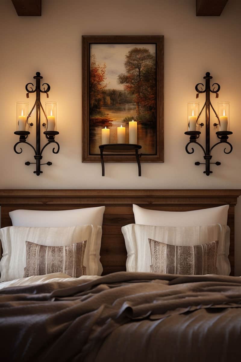 bedroom wall adorned with wrought iron candle holders, casting a warm, inviting glow