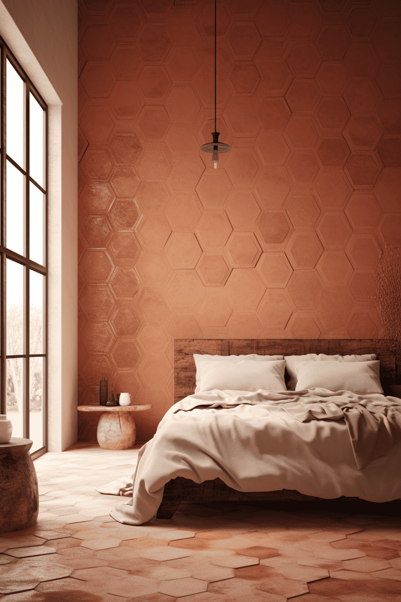 portrayal of a bedroom space adorned with neutral hexagon tiles, exuding the rustic charm of stucco terracotta without the commitment