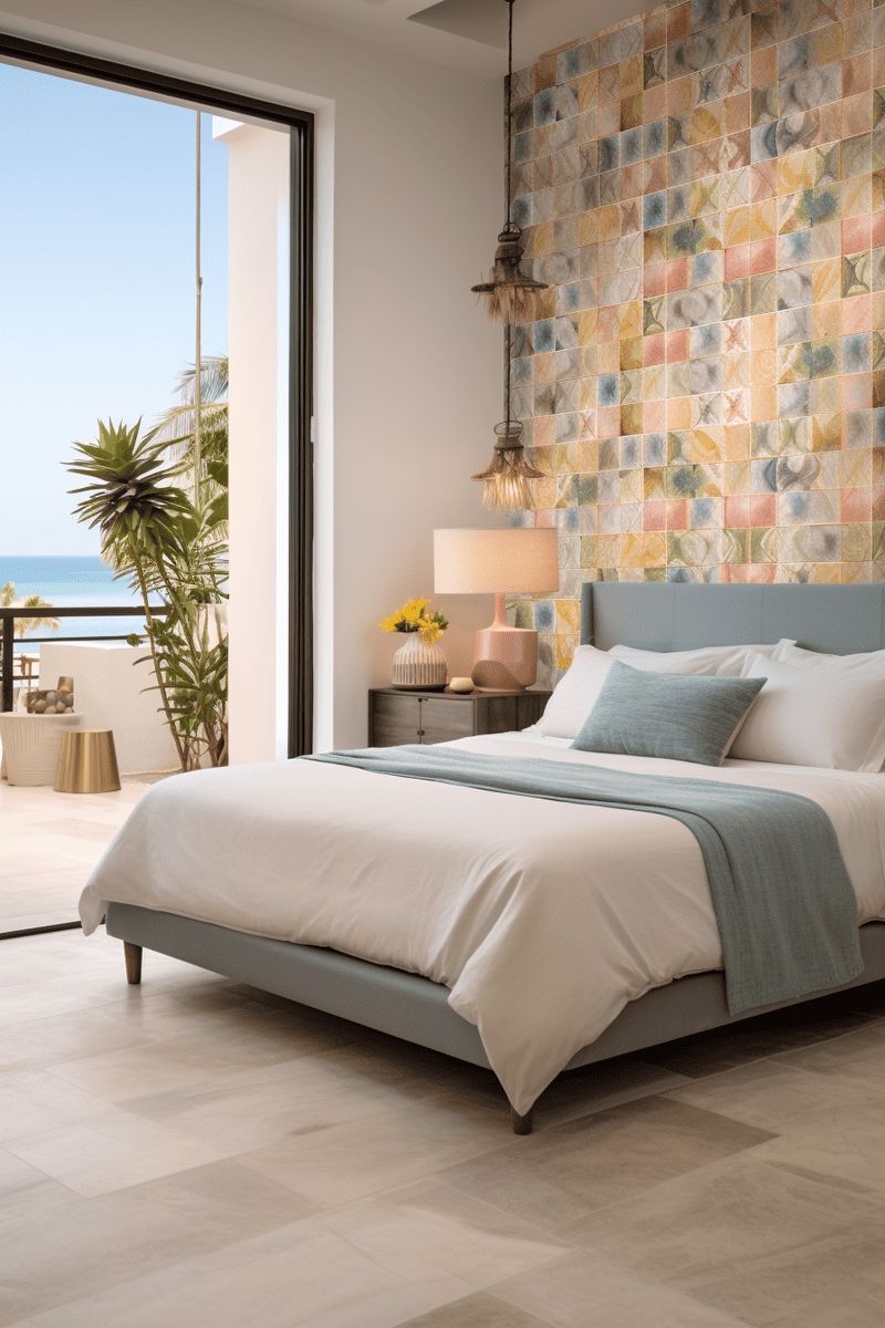 bedroom scene featuring colorful tiles placed strategically alongside a bed, giving the illusion of a unique headboard with a coastal Tuscan touch