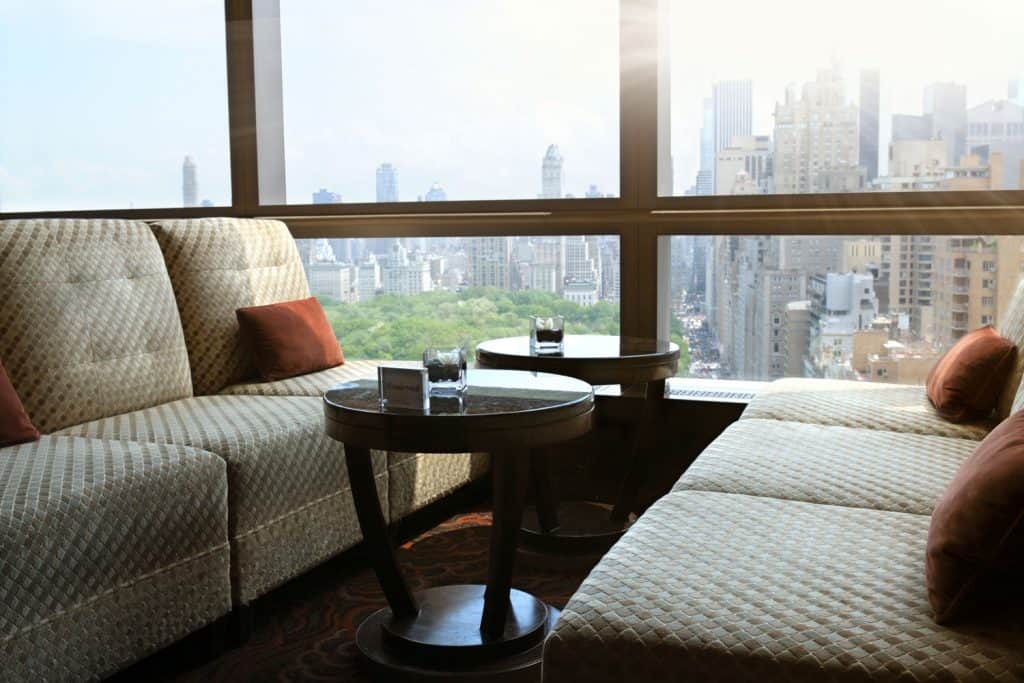A small apartment floor of a hotel in NYC with a beautiful and scenic view of the cityscape