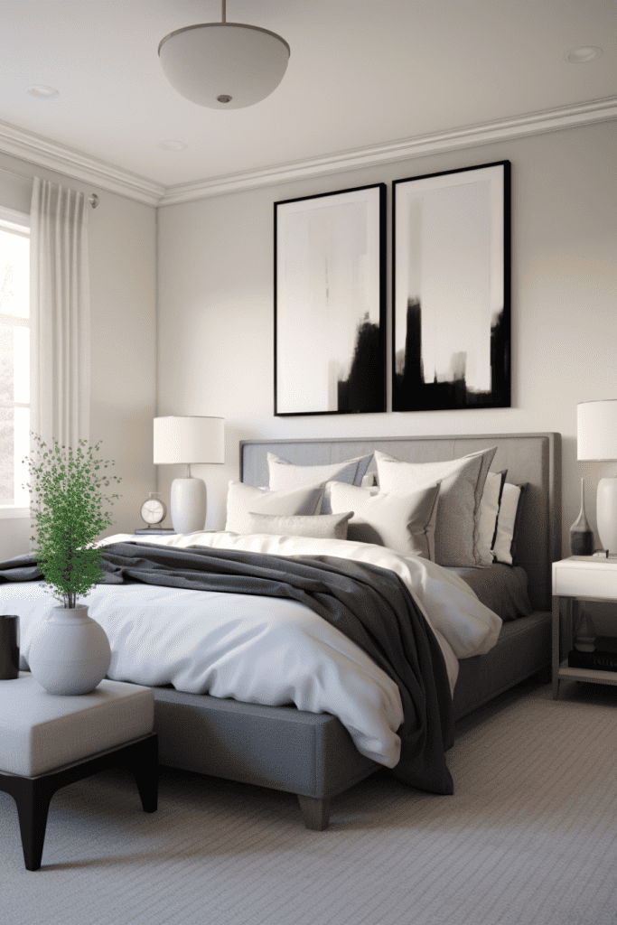hotorealistic bedroom showcasing contrasting color accents.