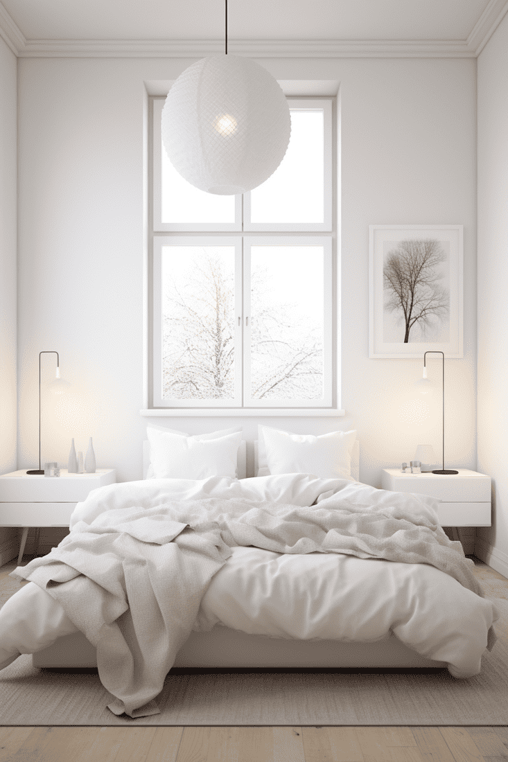 photorealistic all-white Nordic-style bedroom.