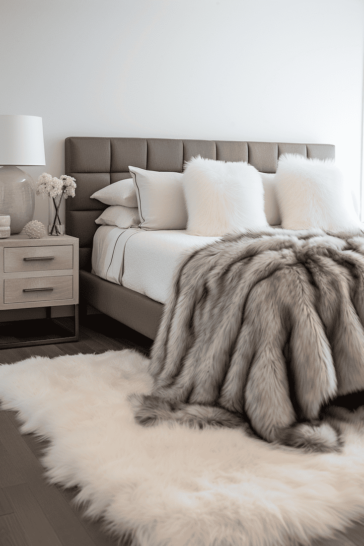 photorealistic bedroom adorned with a faux fur rug or throw. 
