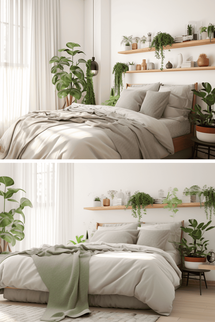 photorealistic bedroom adorned with potted plants for a touch of greenery.