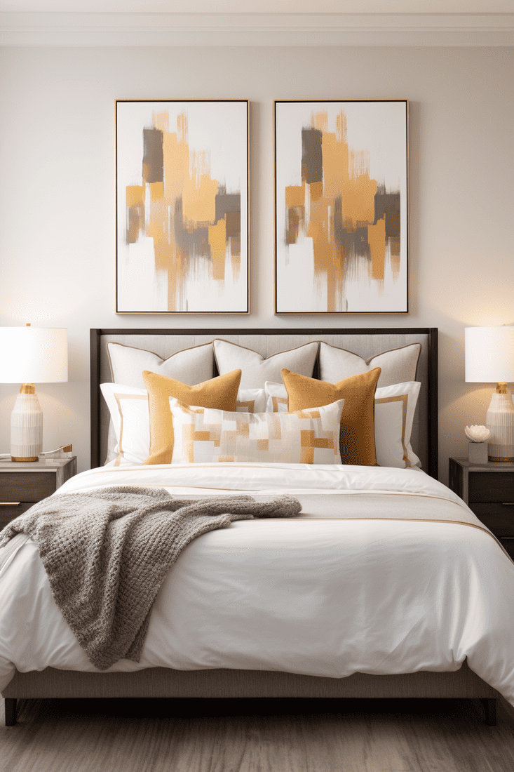 photorealistic bedroom featuring a warm gold accent.