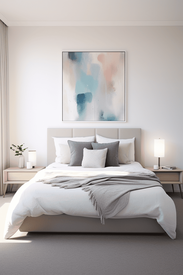  photorealistic bedroom featuring carefully chosen canvas art pieces.