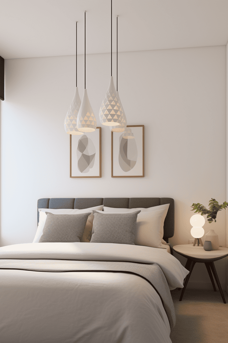 photorealistic bedroom featuring soft pendant lights.