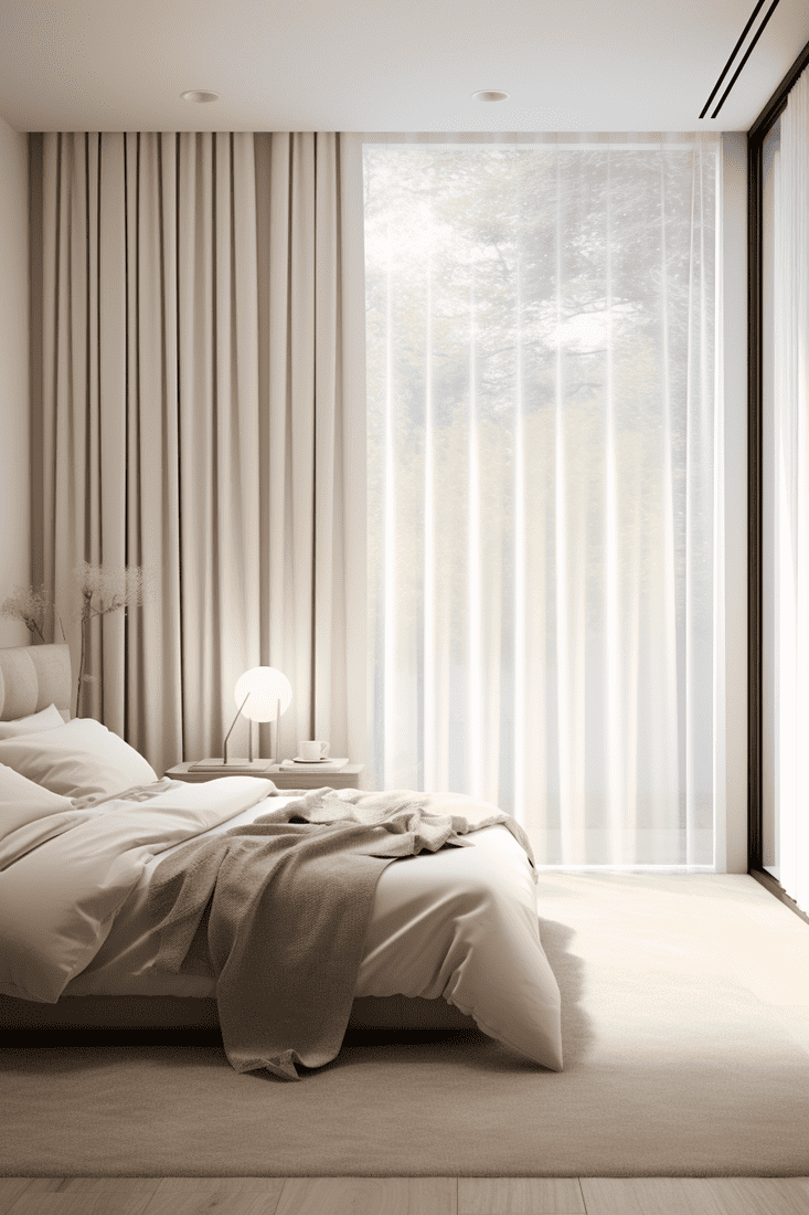 photorealistic bedroom filled with natural light through sheer curtains