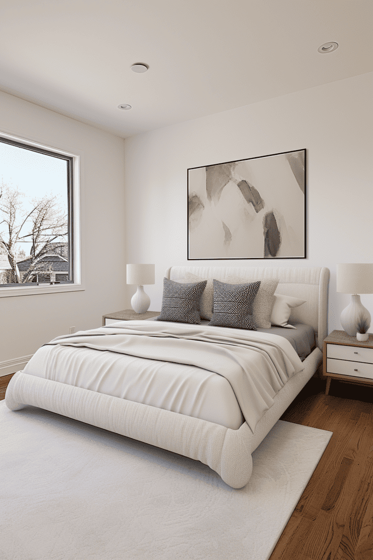 photorealistic bedroom showcasing minimal and functional furniture.