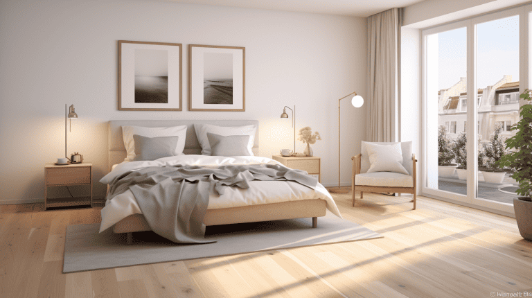 photorealistic bedroom with white or light wood flooring. real estate listing style