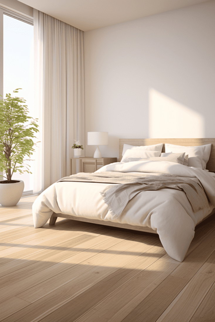 photorealistic bedroom with white or light wood flooring.