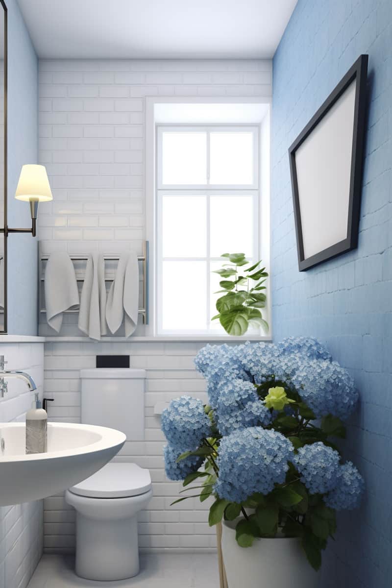 Scandinavian bathroom with blue accents, such as blue mirror frames and blue bricks on the wall