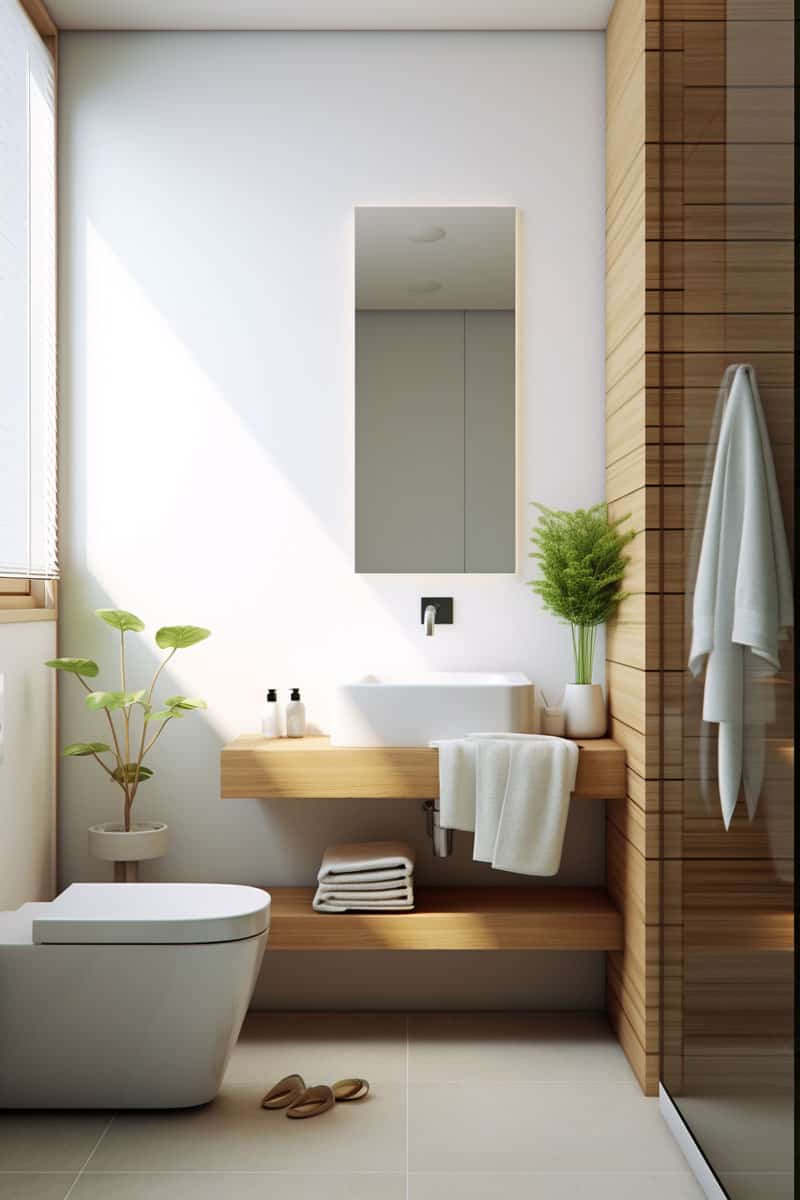 ultra-minimalist bathroom with dominant white and wood textures. Include subtle green accents for liveliness