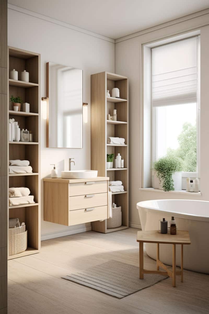 bathroom emphasizing storage with wall-mounted, floor-standing, and rolling Scandinavian-style cabinets, mainly in neutral tones