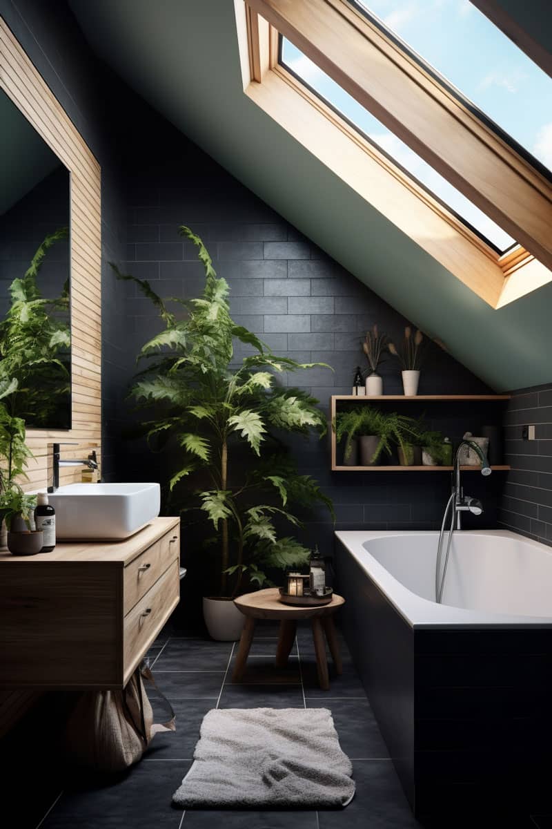 moody Scandinavian bathroom with dark walls contrasted by bright wooden countertops and illuminated fixtures. Include a skylight and a touch of greenery