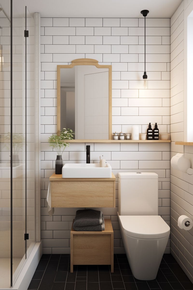 cozy small bathroom with a farmhouse feel. Feature white tiles on the wall and other minimalist Scandinavian design elements