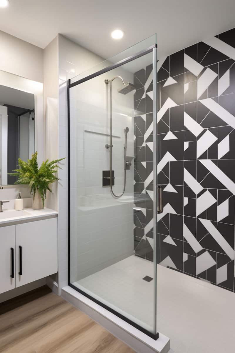 bathroom highlighting a geometric-tiled wall leading to a walk-in shower, set in neutral colors of white, gray, and black
