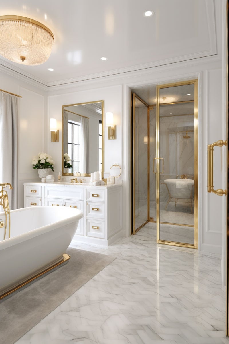 luxurious bathroom showcasing gold elements, complemented by white linens and a contrasting wooden door. Highlight the gold on fixtures, tiles, and other details