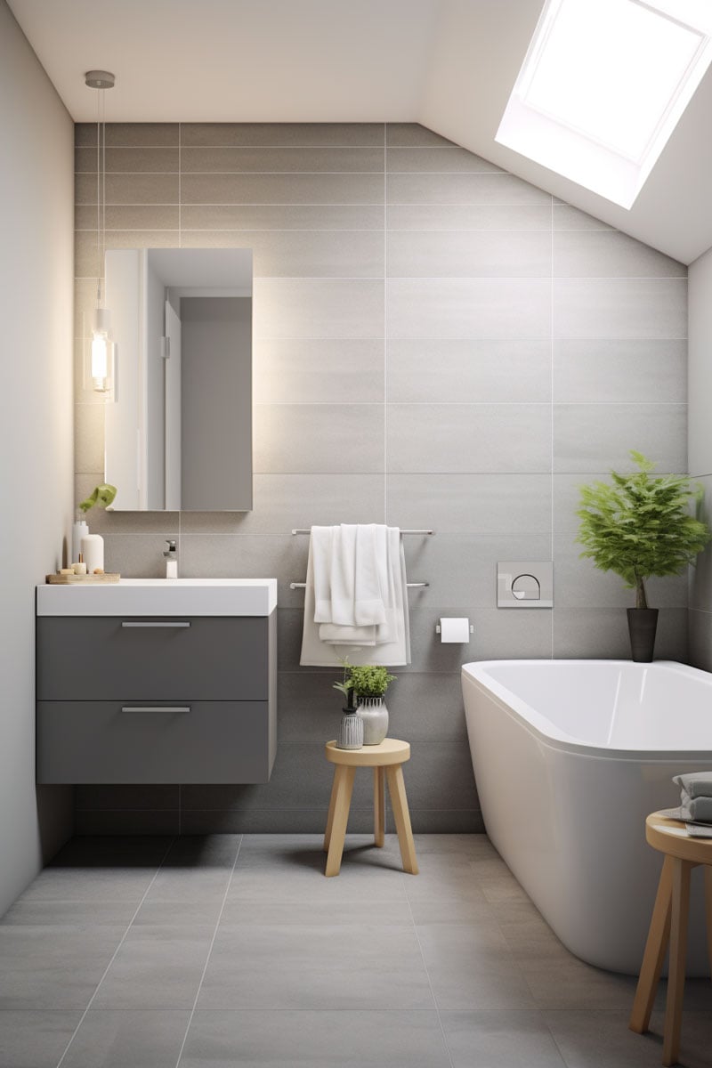 Scandinavian bathroom primarily in varying shades of gray. Emphasize minimalism, decluttered surfaces, and complement with neutral accessories