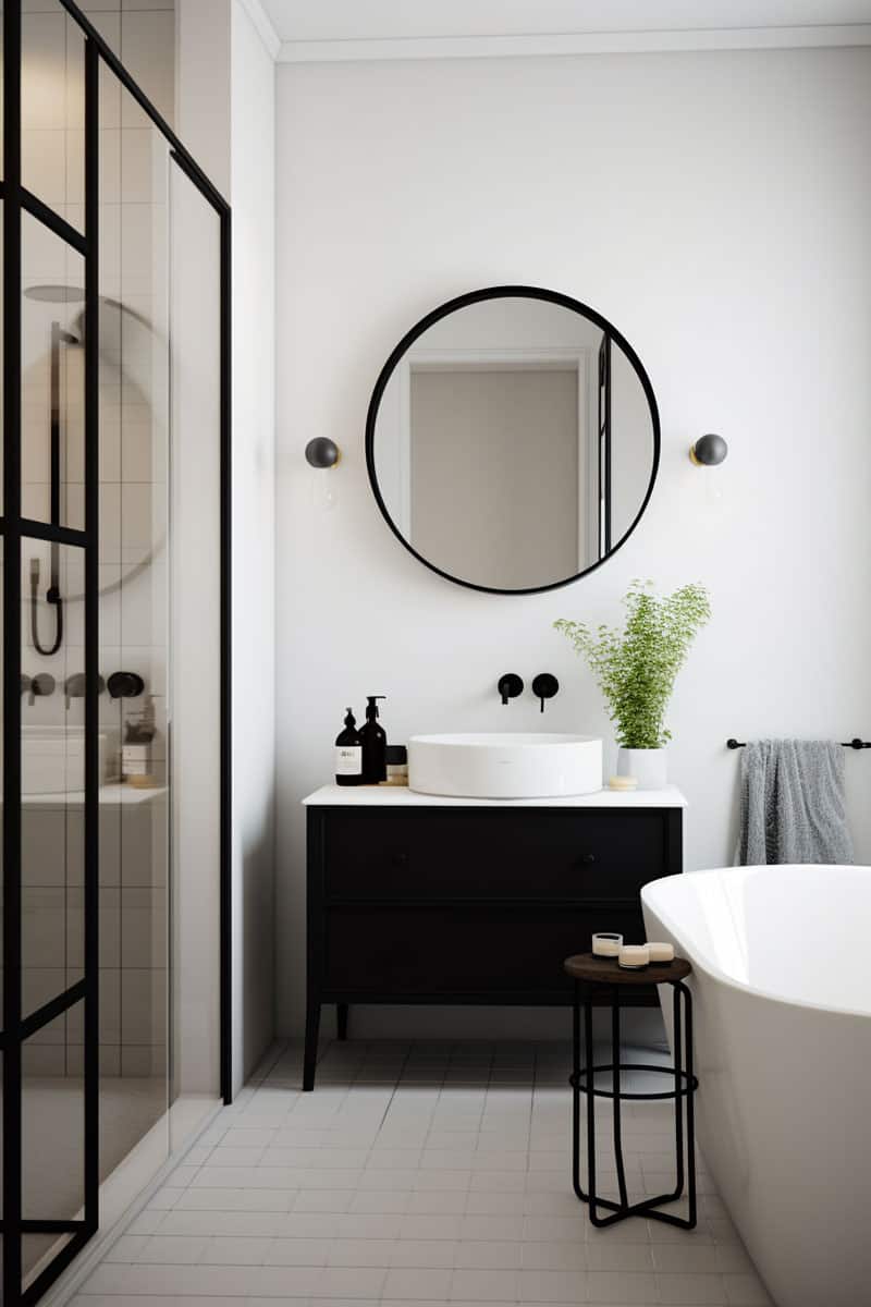 bathroom with a large full-body mirror framed in black, contrasting against white Scandinavian walls