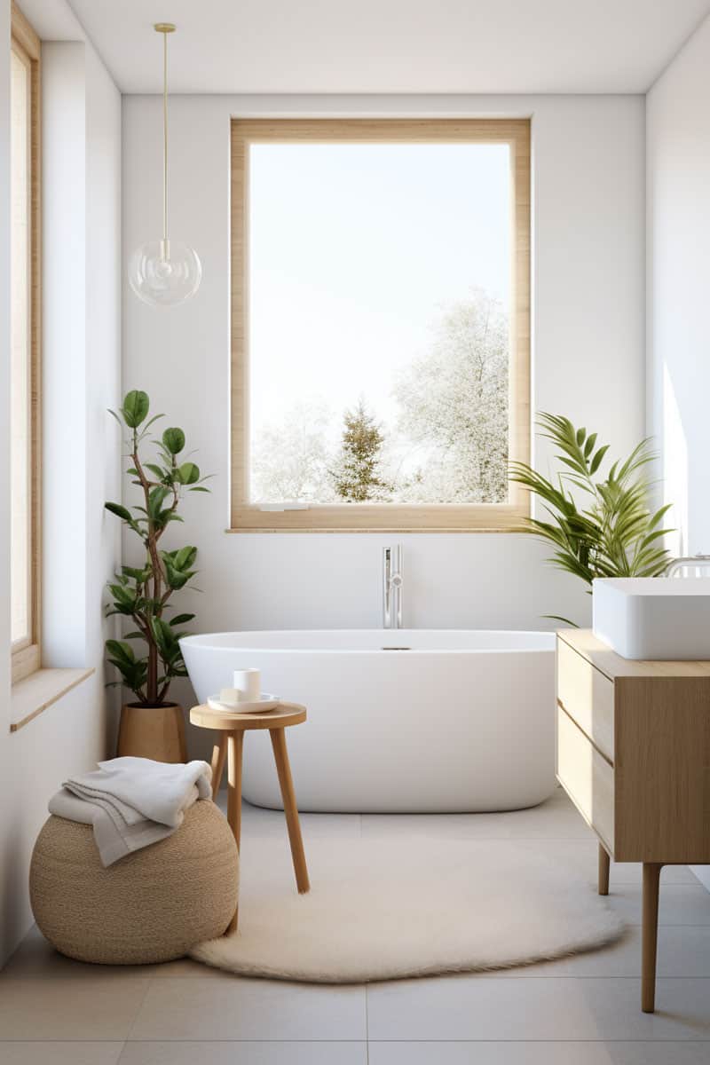 Scandinavian bathroom balanced with natural textures like wood and fur. Include indoor plants like garden mums and dracaena against a dominant white background