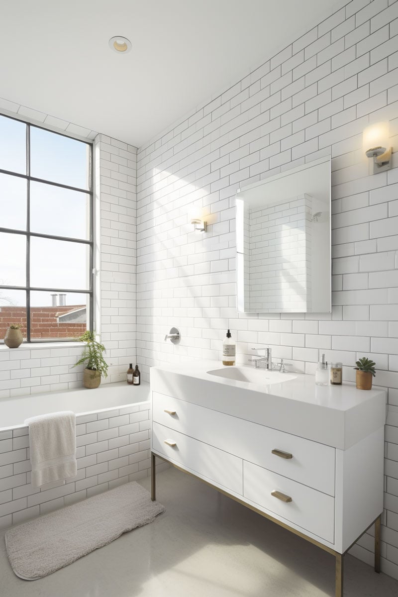 bathroom with white brick walls. Palette ranges from bright white to soft ivory, giving an expansive feel
