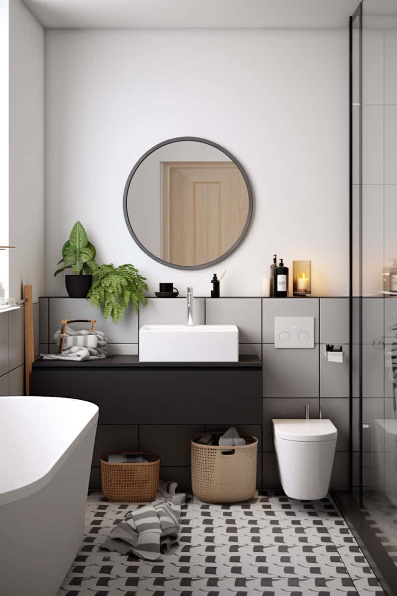 Scandinavian bathroom with a stark black and white color scheme, accentuated with small color pops from accessories