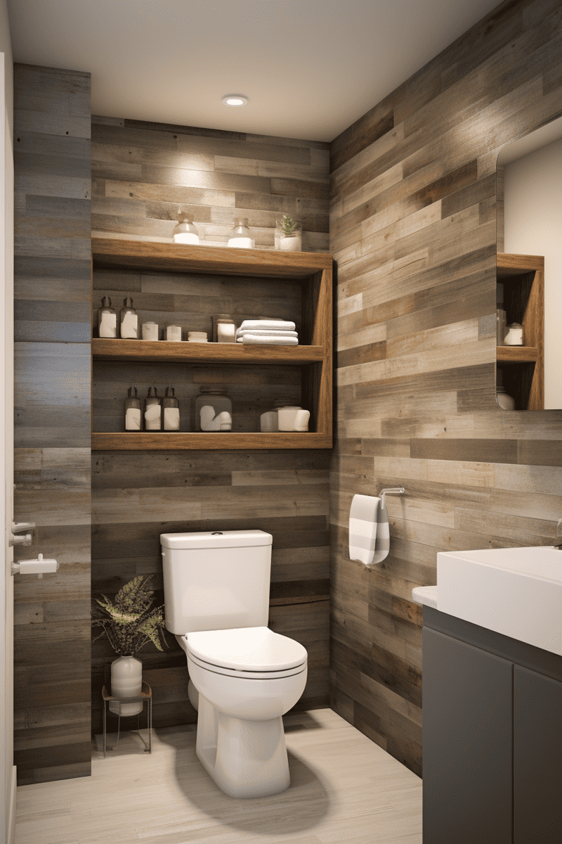 bathroom featuring DIY pallet storage and wall treatments, emphasizing warm textures and minimalist lines