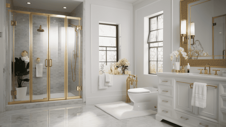 luxurious bathroom showcasing gold elements, complemented by white linens and a contrasting wooden door. Highlight the gold on fixtures, tiles, and other details - 1600x900
