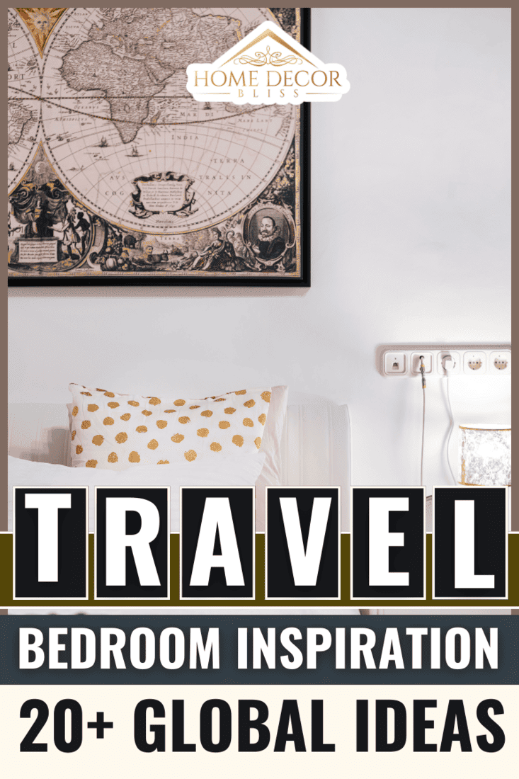 Detail shot of white theme bedroom with golden dotted pillow, white headboard and world map picture 