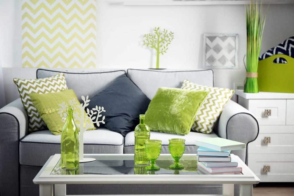 Greenish Material Essence Without Stealing The Gray Couch Spot Light | Article by HomeDecorBliss.com