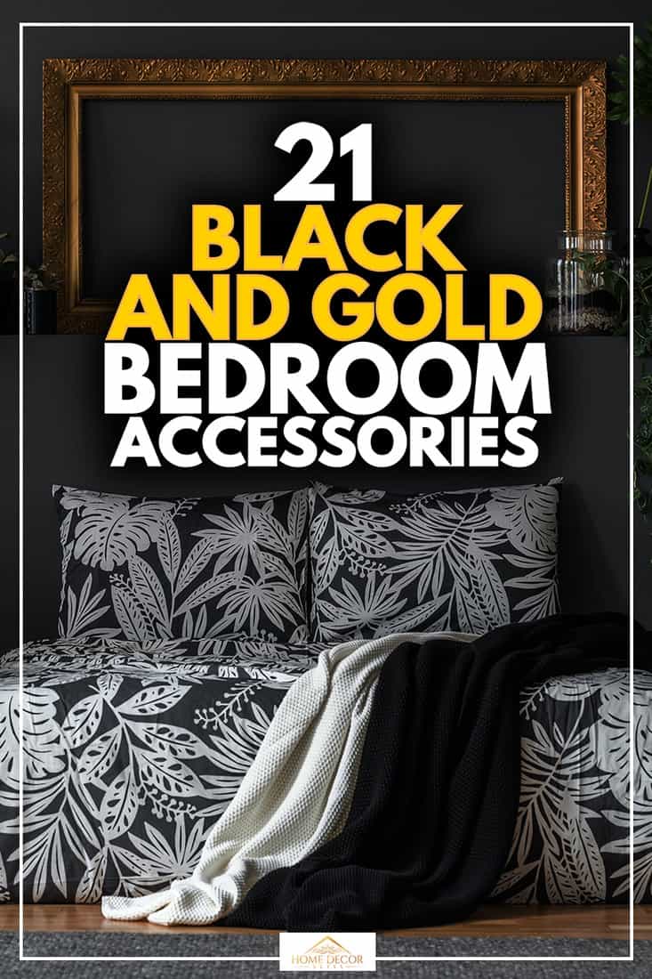 Luxurious, dark apartment room interior with a cozy double bed, gold decorations and plants, 21 Black and Gold Bedroom Accessories That Will Improve Your Design