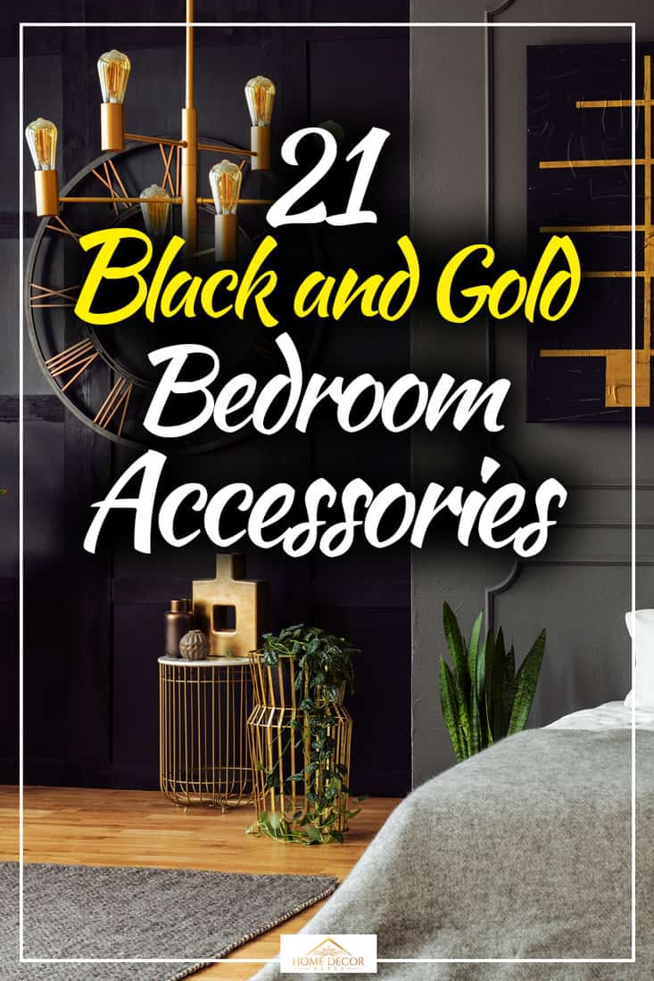 Bedroom interior with paintings and big clock hanging on wall, 21 Black and Gold Bedroom Accessories That Will Improve Your Design