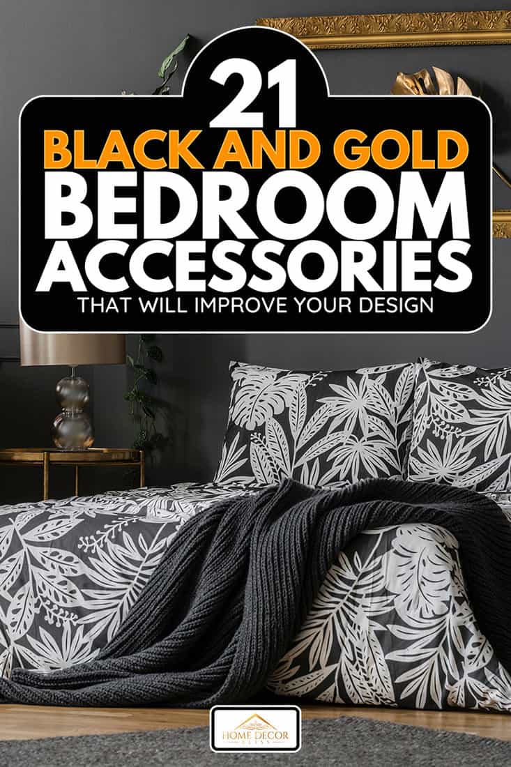 Glass lamp placed on a gold end table standing by the king-size bed in dark grey bedroom interior, 21 Black and Gold Bedroom Accessories That Will Improve Your Design