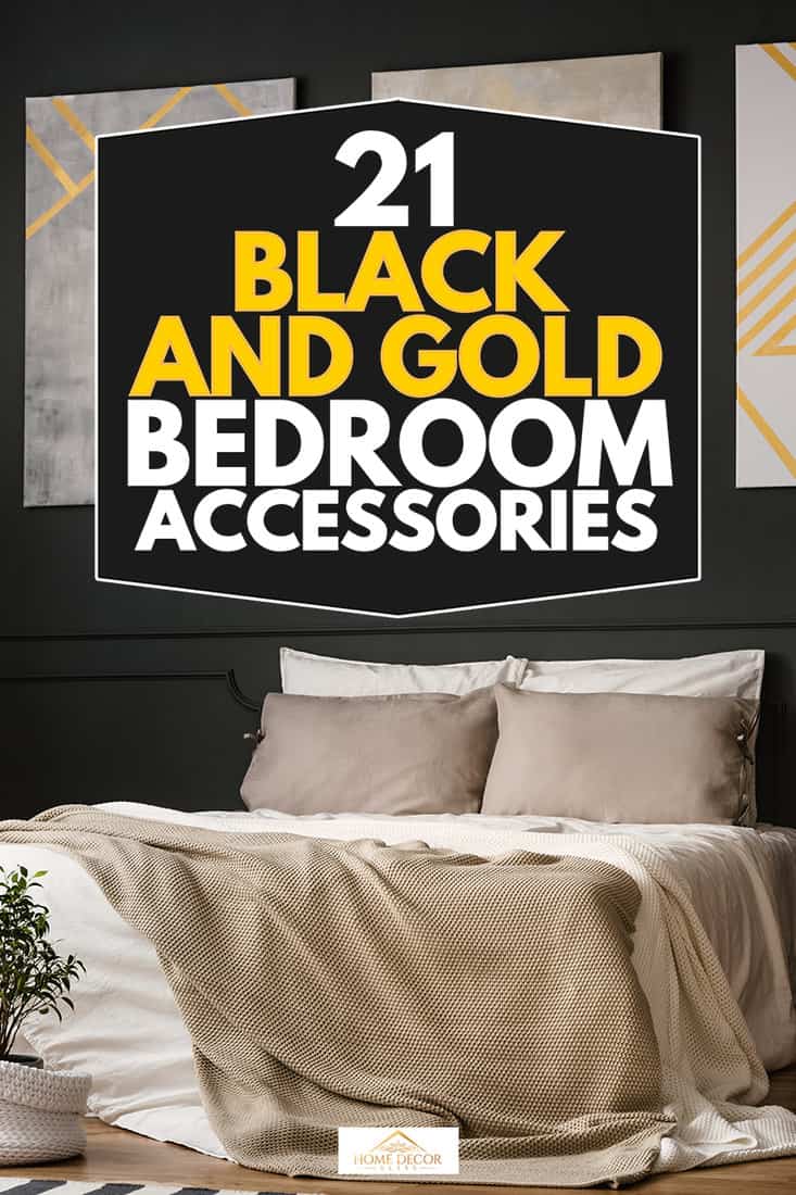 Retro bedroom interior with carpet with bed and plants, 21 Black and Gold Bedroom Accessories That Will Improve Your Design