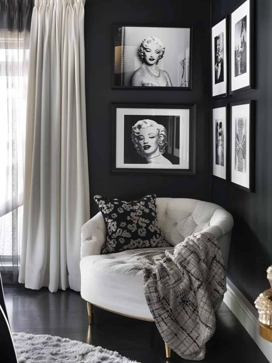 A captivating corner adorned with a collection of Marilyn Monroe images in stunning black and white, adding an inspiring touch to the sitting or artist's corner
