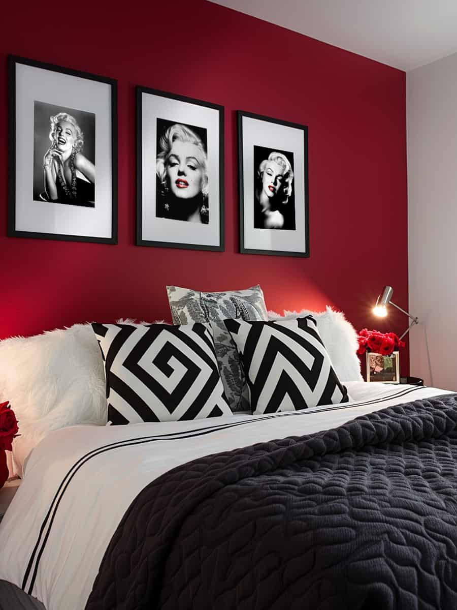 A striking bedroom design featuring a deep red accent wall reminiscent of Marilyn's iconic lips, adorned with black and white prints