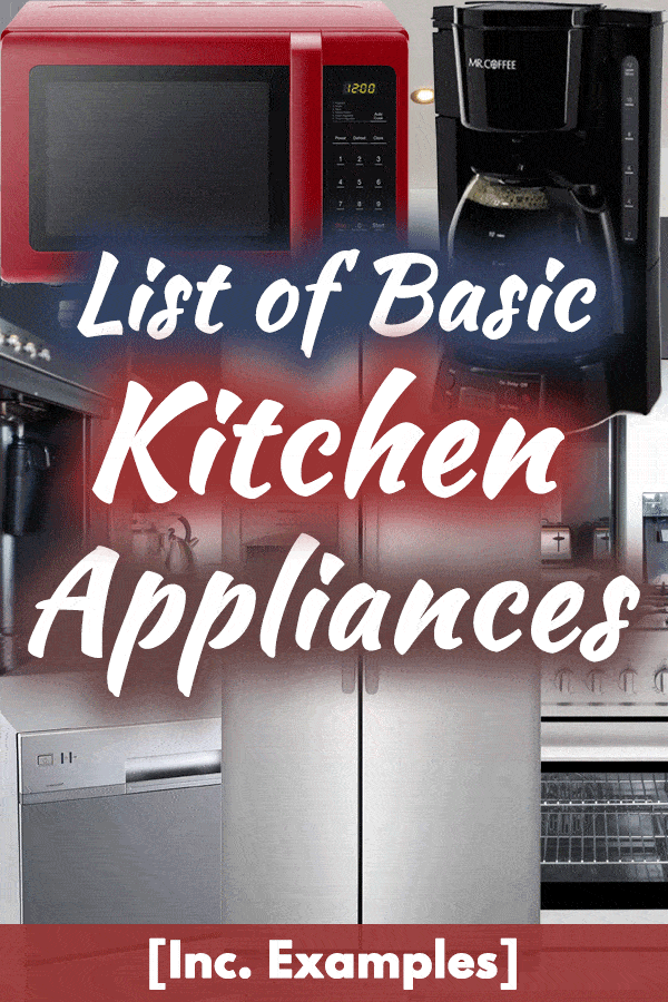 A collage of basic kitchen appliances including a microwave, coffee maker, fridge / refrigerator, and more