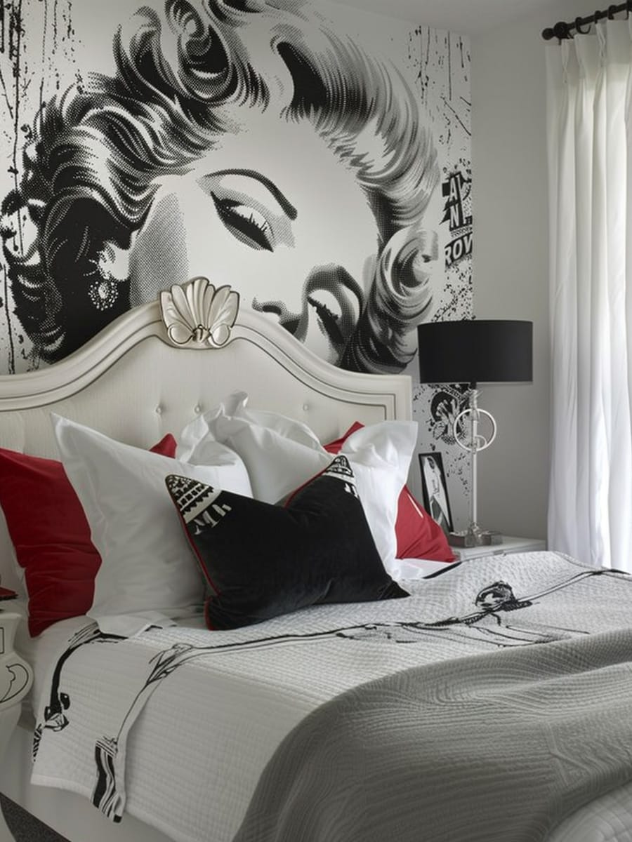 Marilyn-inspired bedroom, the focus shifts away from vintage bed frame and red accents
