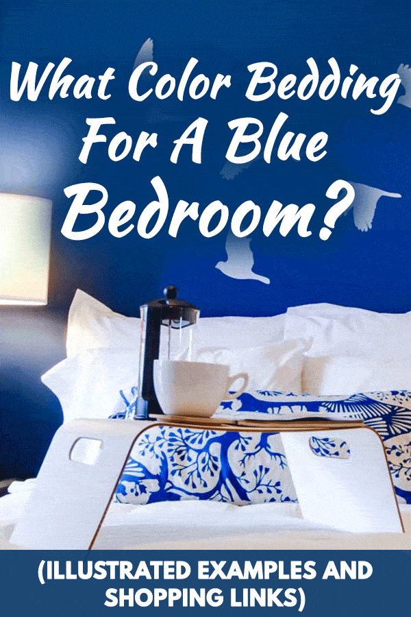 Interior of a blue themed bedroom with white birds painted on an accent wall and white beddings, What Color Bedding for a Blue Bedroom? (Illustrated Examples and Shopping Links)