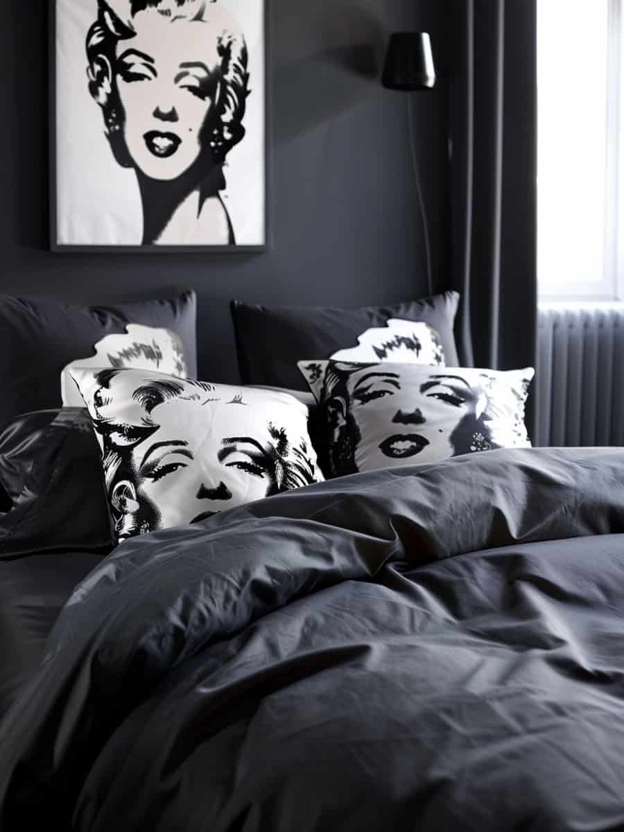 a bed adorned with throw pillows featuring the iconic face of Marilyn Monroe, adding a touch of elegance and personality to the bedroom decor