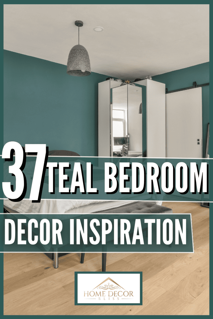 a bedroom with teal blue walls and hardwood flooring, including a white bed in the room has a mirror on the wall.