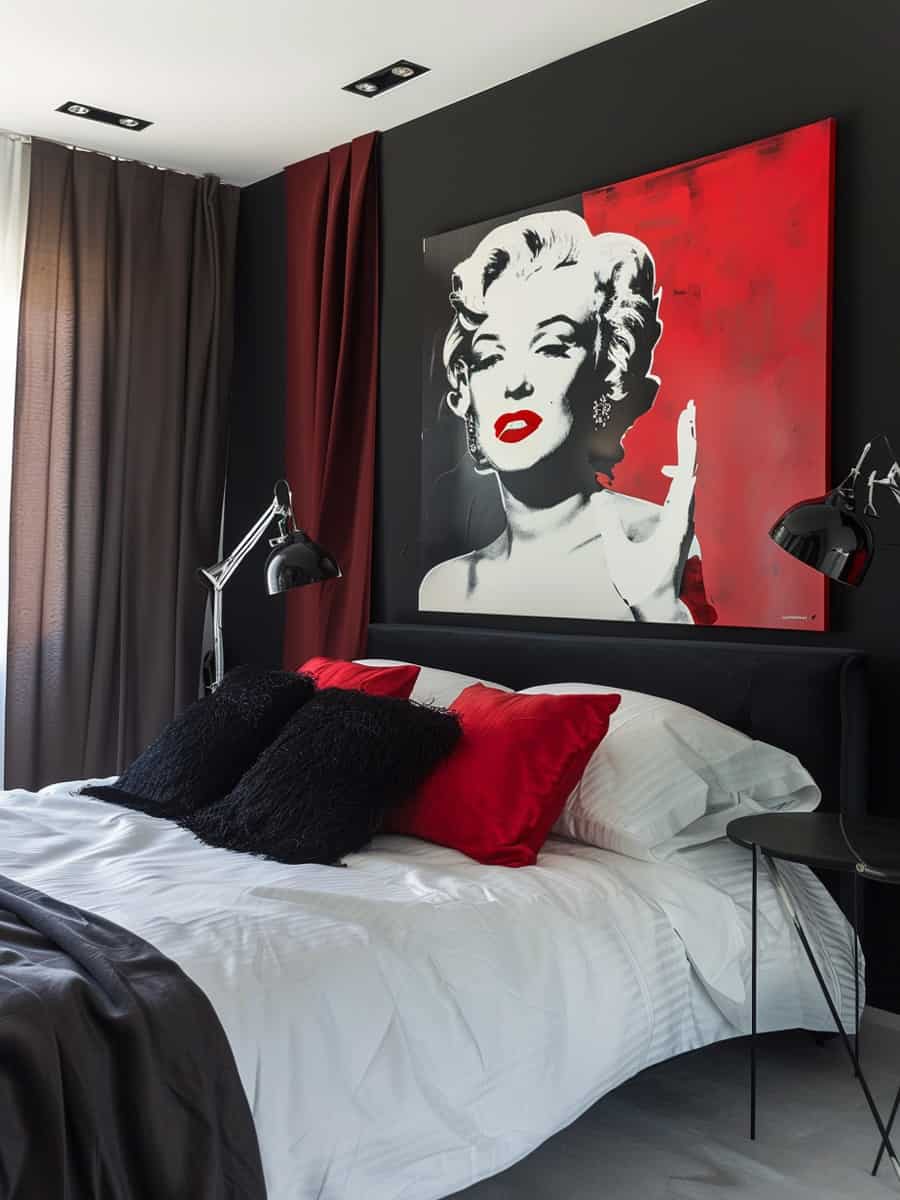 bedroom featuring iconic Marilyn Monroe wall art as the focal point